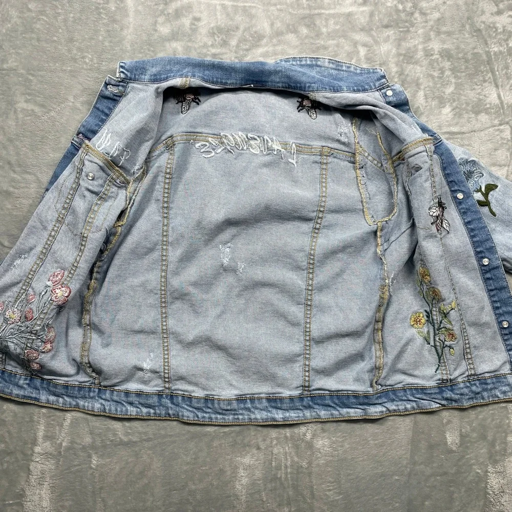 Zara Girls Embroidered Denim Jacket Light Wash Floral Bee Ladybug‎ Blue Size 14